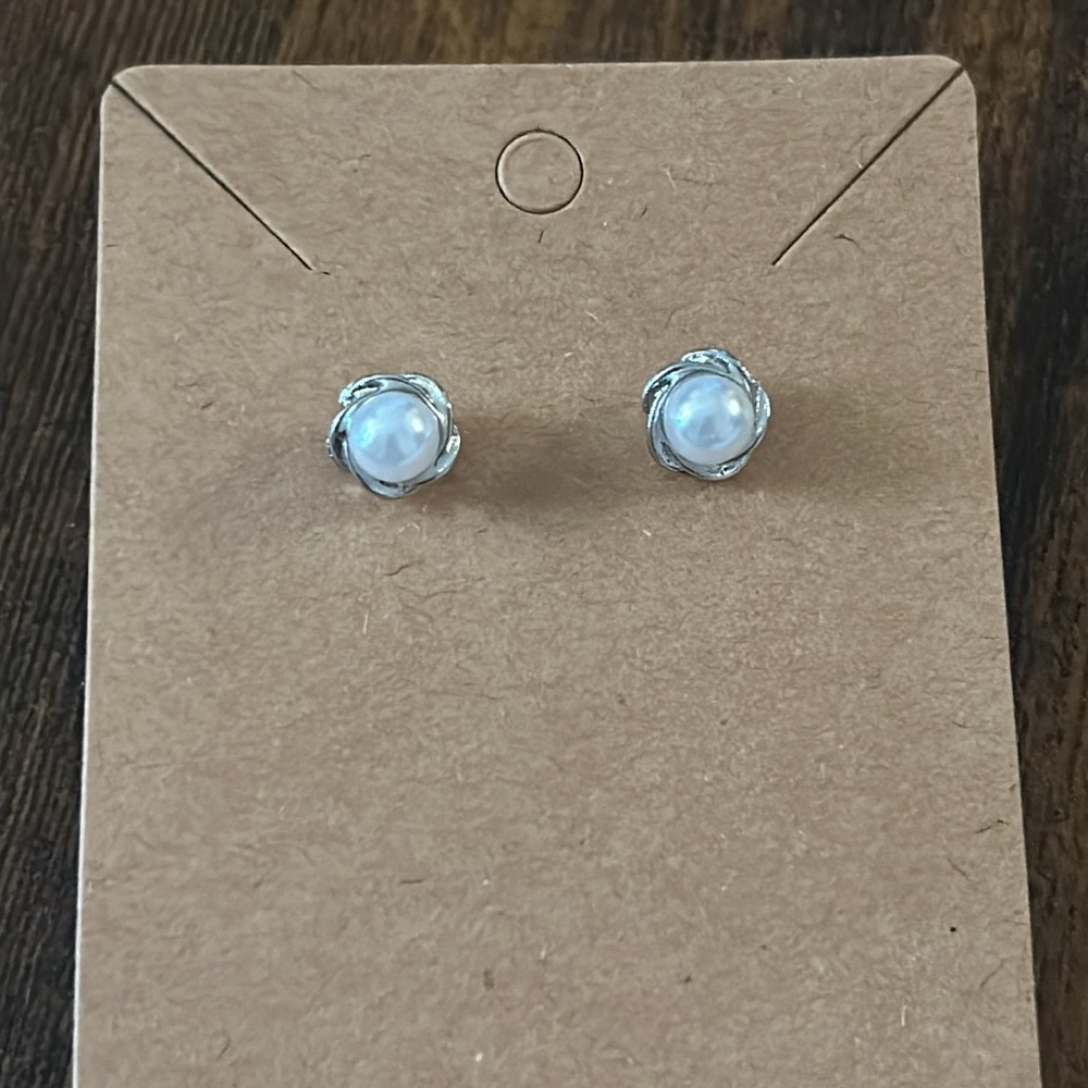 Silver Floral Pearl Stud Earrings - White